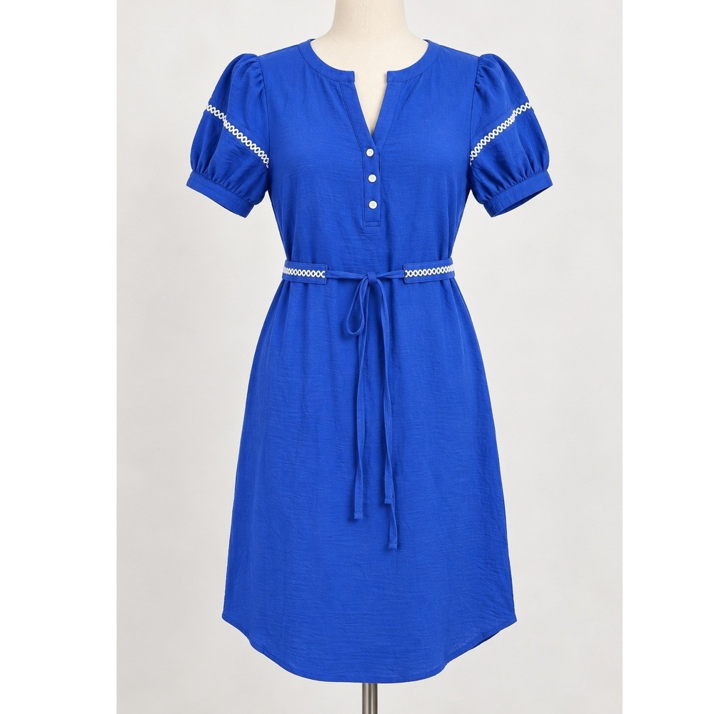 Adrienne Vittadini Royal Blue Henley Puff Sleeve Embroidered Belted Dress Small